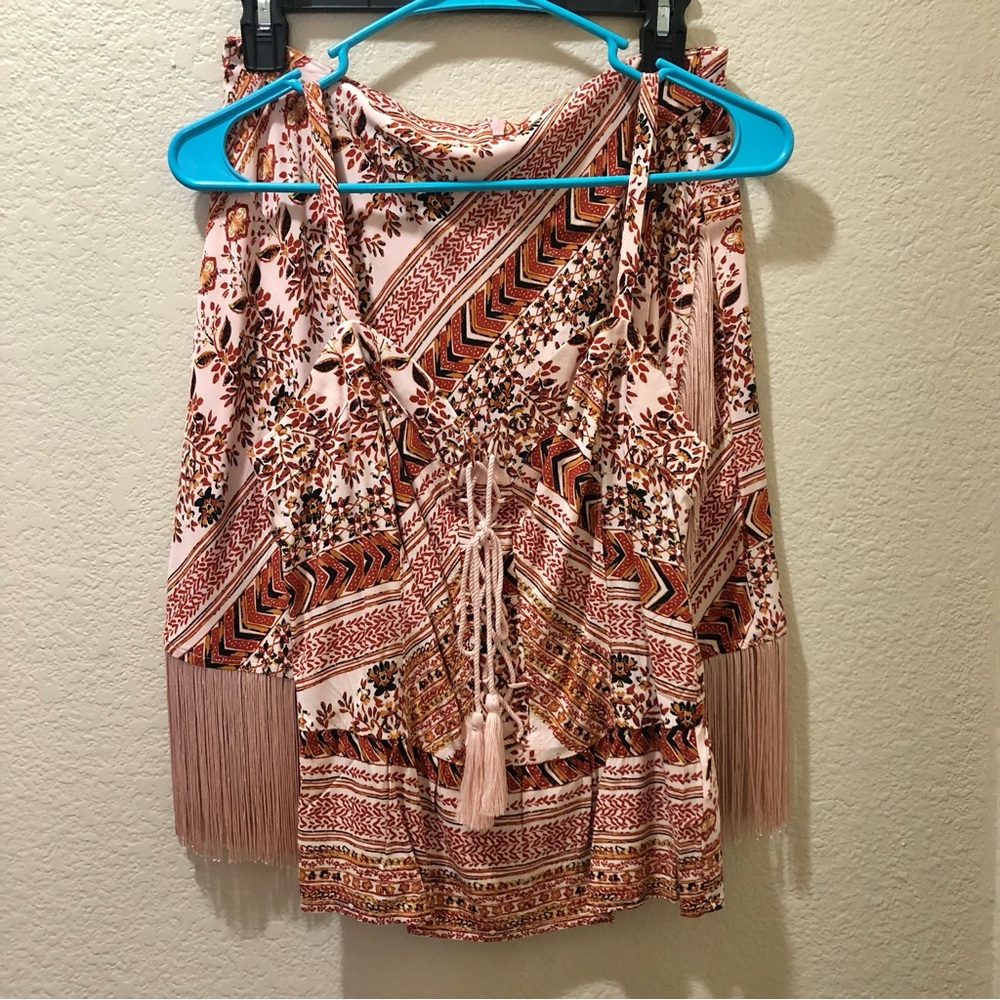 Idyllwind Blush Multi Print Fringe Tie-Front Skirt